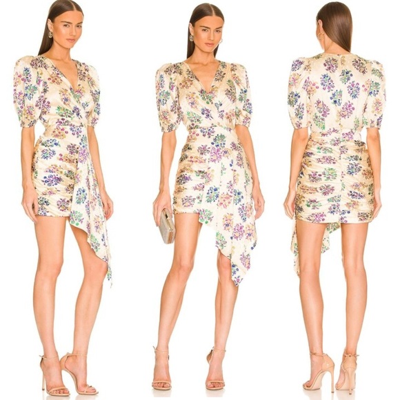 RONNY KOBO Monica Silk Floral Print Ruched  Waist Short Sleeve V Neck Mini Dress - Picture 1 of 12